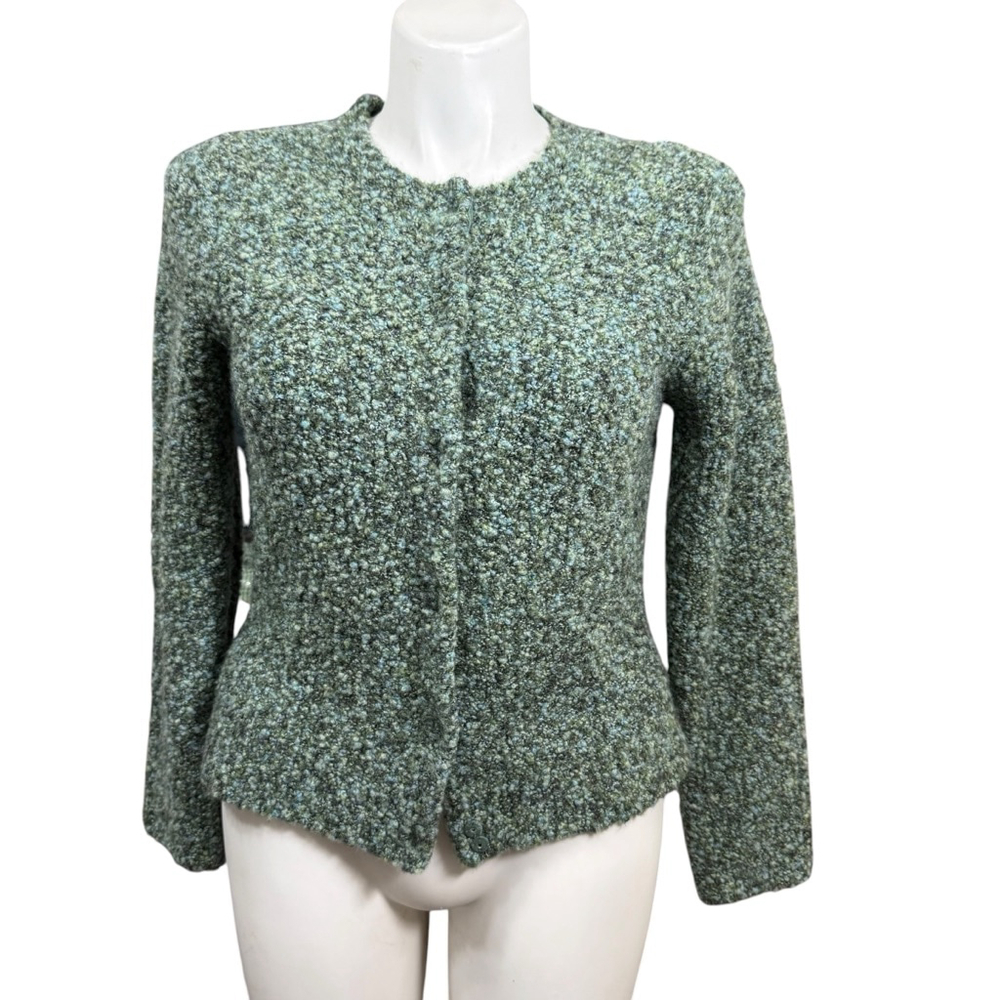 Talbots Y2K Boucle Knit Cardigan Green Petite Large Wool Blend